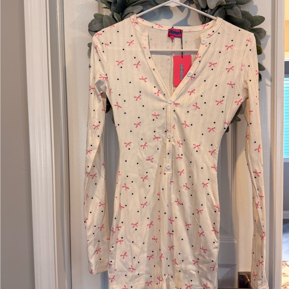 Edikted Cream Button-Up Romper PJs with Pink Bows